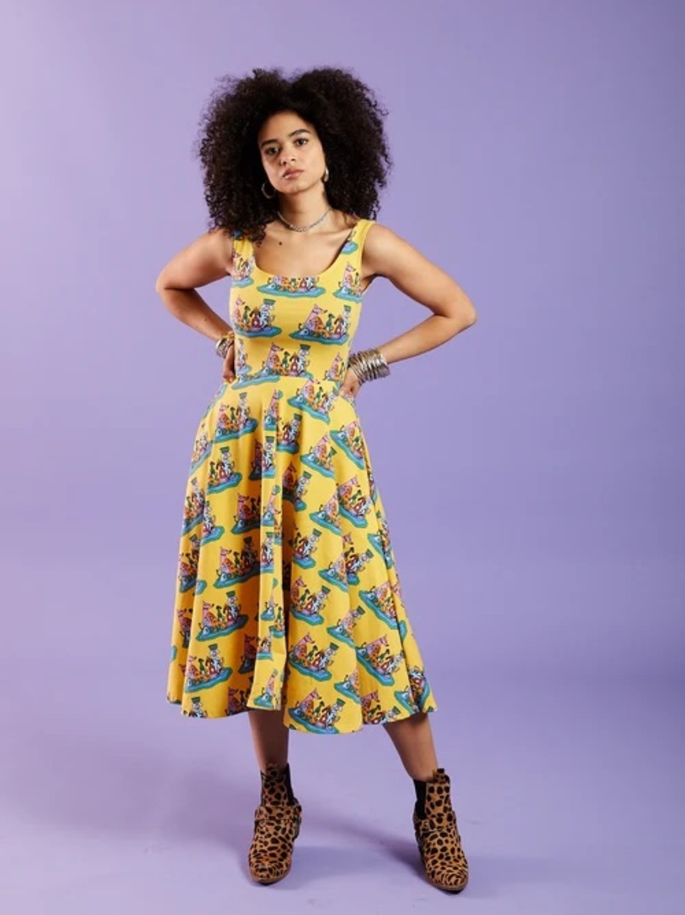 Nooworks M Dog Party Yellow Printed Fit-and-Flare Midi Dress